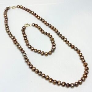 Vintage Ross-Simons Pearl Necklace Bracelet Set Chocolate Brown Sterling Silver